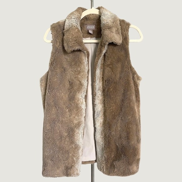 Chico's Jackets & Blazers - Chicos Faux Fur Vest Tan Beige Open Front Collared Plush Fall Autumn Classy Sz 1